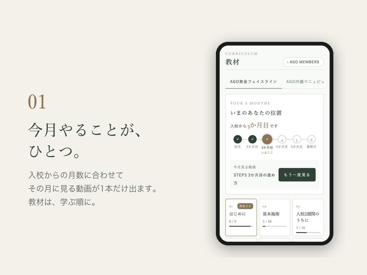 教材の画面：入校から3か月目の位置と、今月見る動画
